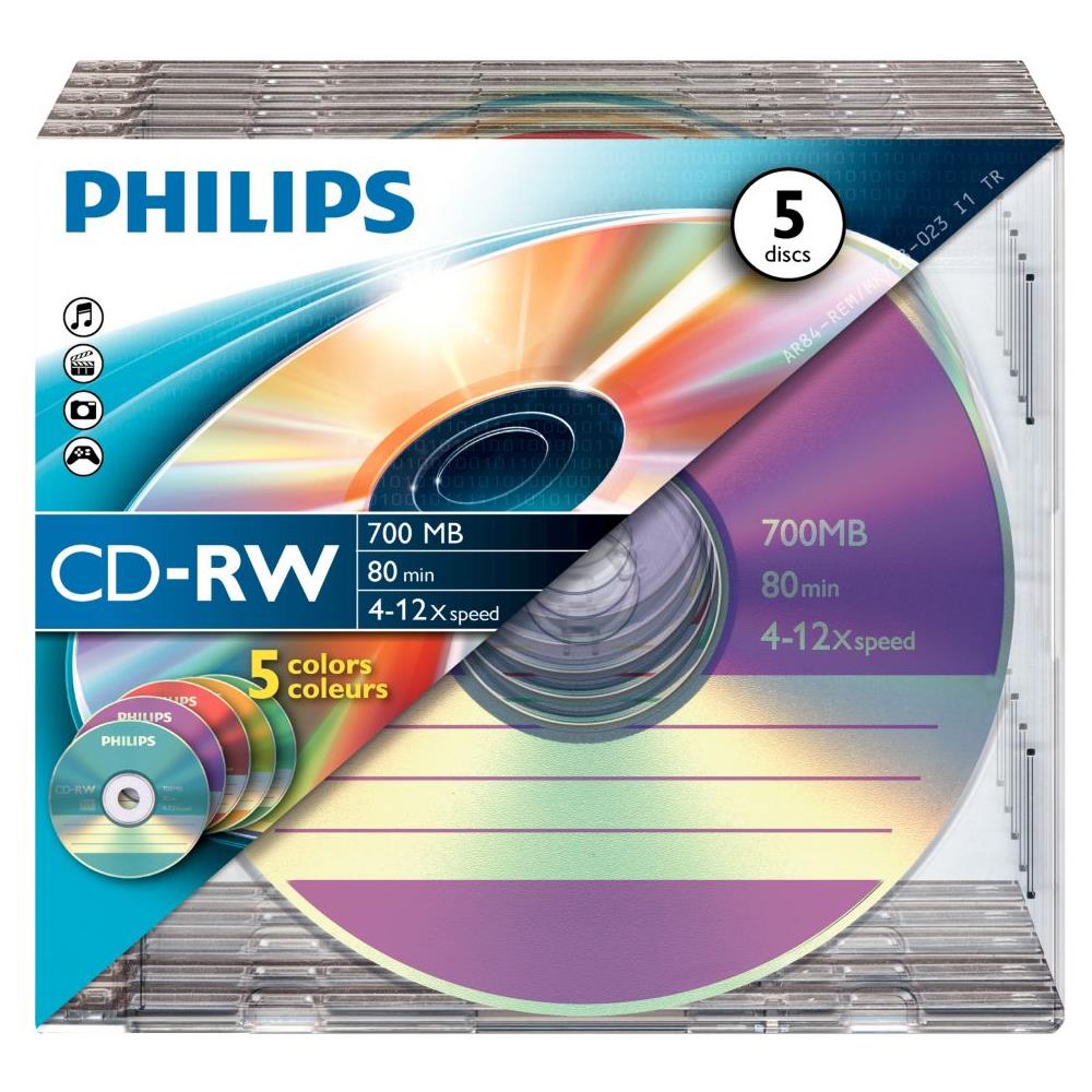 Supporto riscrivibile CD Philips CW7D2CC05/00 - CD-RW - 12x - 700 MB - 5 Pacco Slim Case - 120mm - 1,33 Ora Tempo di registrazione massimo - Foto 1
